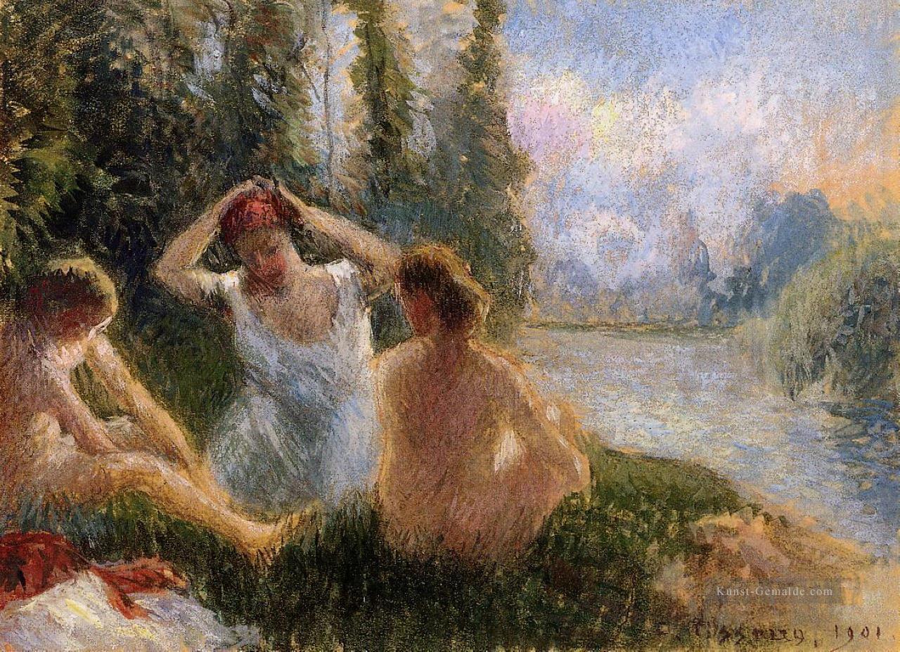 Badende am Ufer eines Flusses saß 1901 Camille Pissarro Ölgemälde
